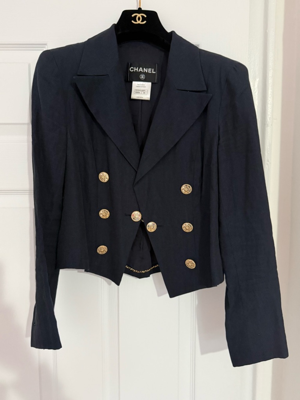 CHANEL Navy Double-Breasted Cropped Blazer with Gold Buttons